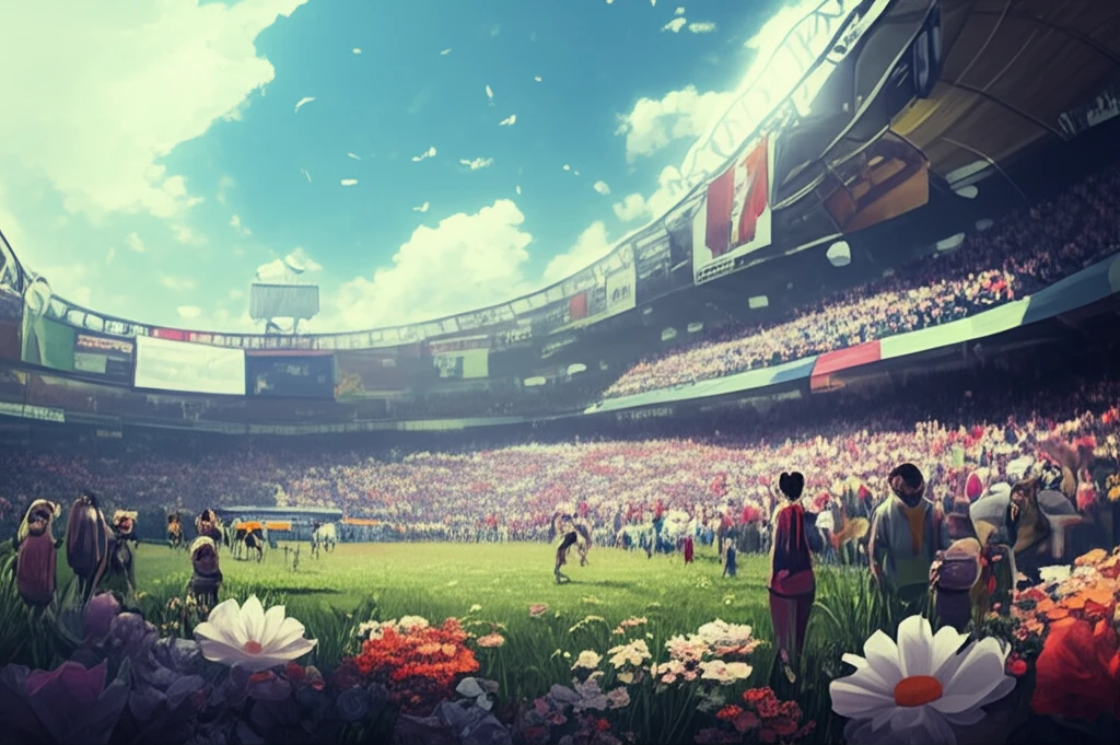 Sports stadium transforming into a field of flowers, symbolizing mellowing consumer skepticism through strategic sponsorships.