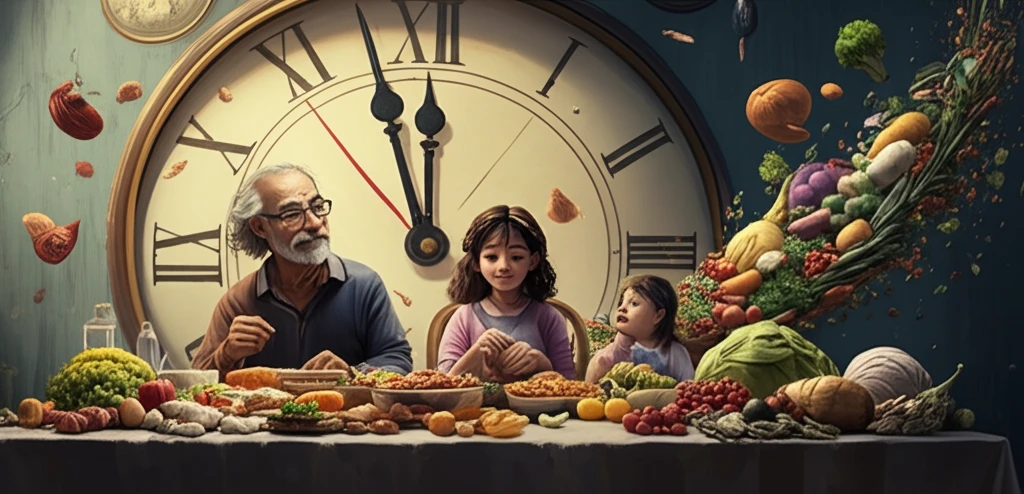 A family sharing a meal together with a clock in background