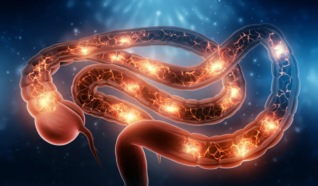 Intestinal tract with embers, symbolizing Crohn's and cancer risk.