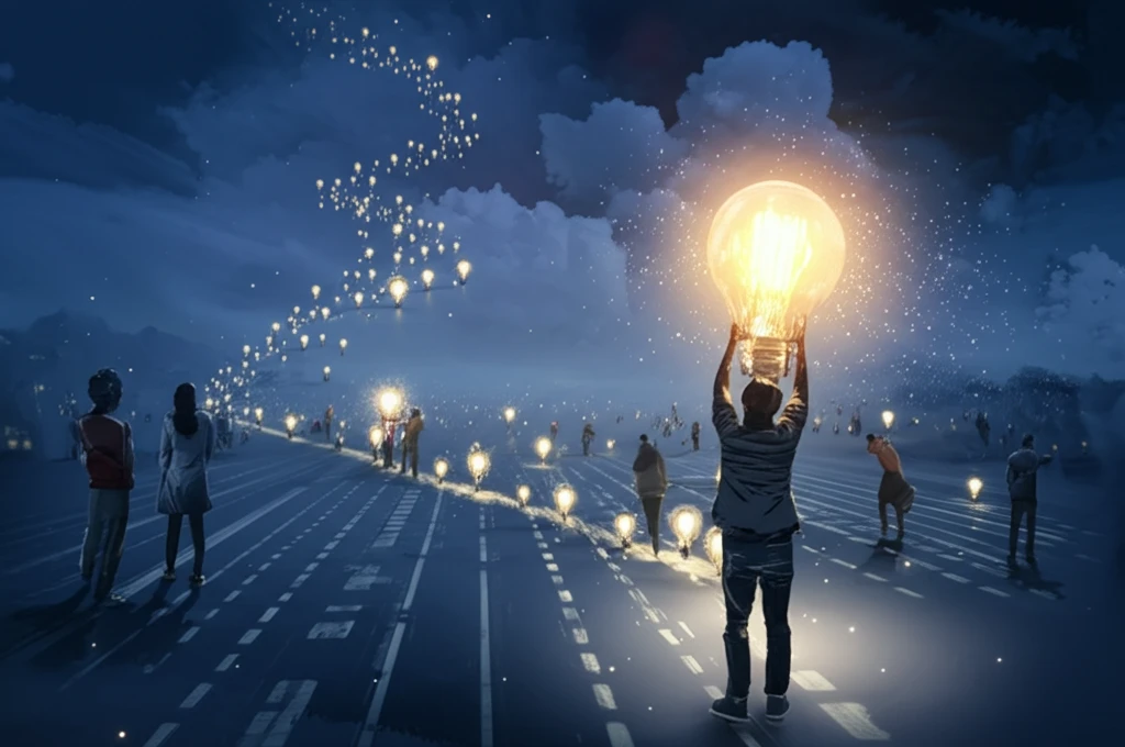 Digital illustration representing the 'long tail' of idea generation, showcasing a diverse group of people contributing ideas.