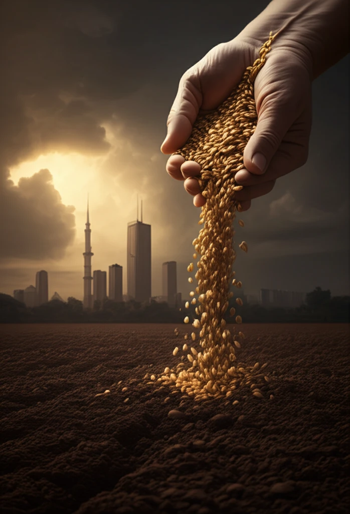Golden seeds symbolizing remittances fertilizing farmland in rural Kenya.