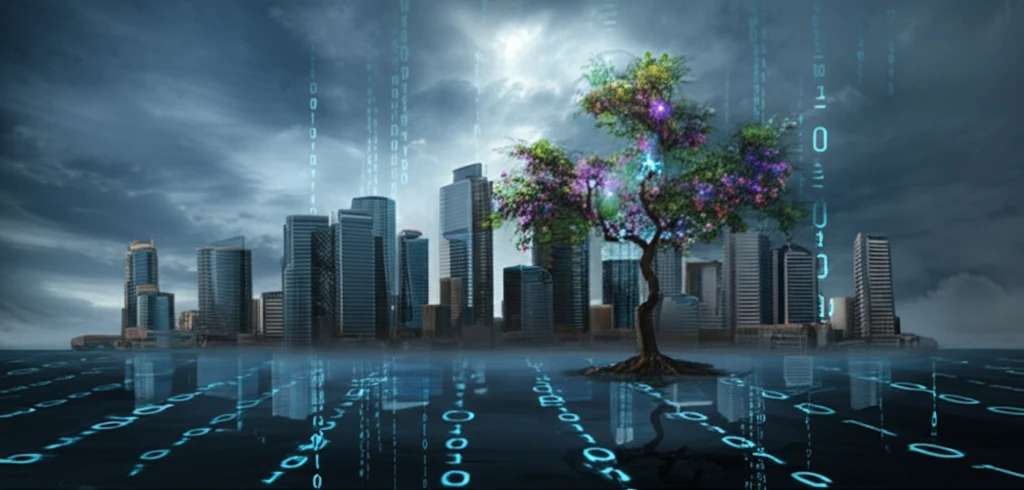 Surreal illustration of a flooded city with binary code representing bivariate flood analysis.