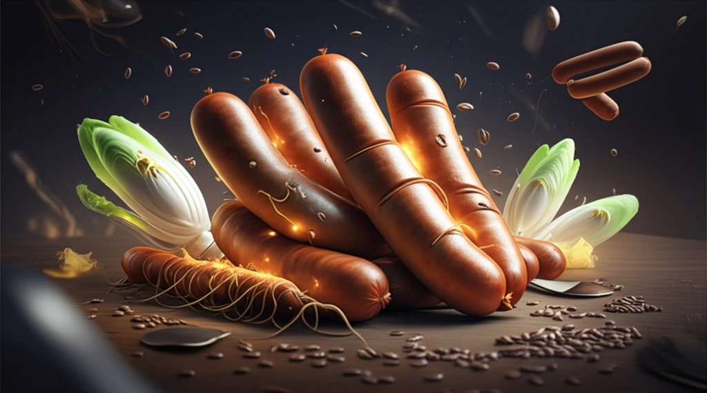 Sausages intertwined with flax seeds and chicory roots, symbolizing linseed oil and inulin.