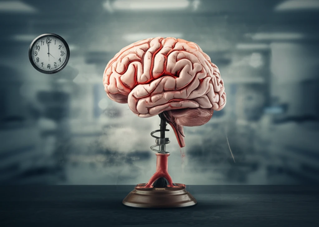 Brain with blood vessels on a scale, representing the balance of anticoagulation after TBI
