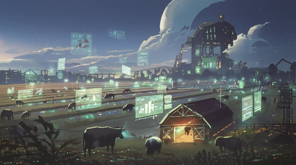 Stylized farm with synchronized livestock growth and digital data analysis.