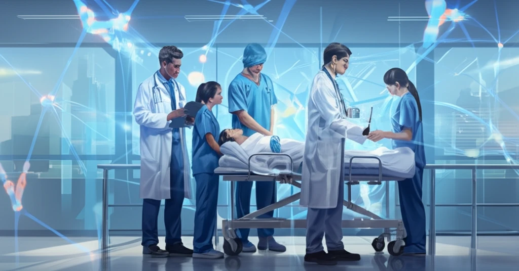 A diverse healthcare team assists a patient with neurological recovery, symbolizing hope and progress.