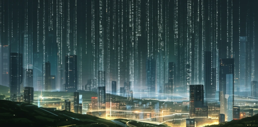 Agricultural landscape merging into data matrix, symbolizing economic analysis.