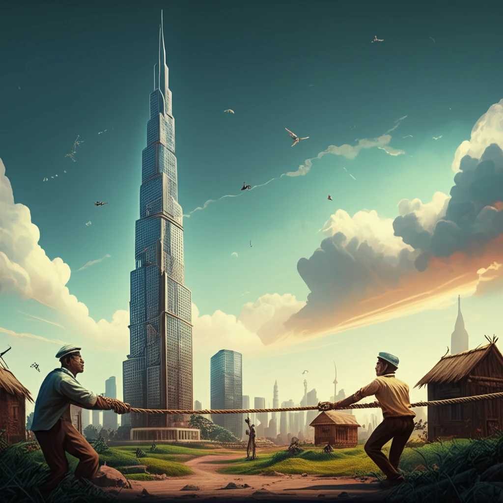 Unequal power in global trade symbolized by a tug-of-war between a modern city and a traditional village.