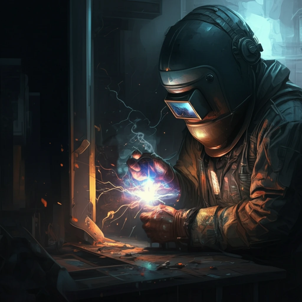 Welding arc surrounded by swirling shielding gas, symbolizing control and precision.