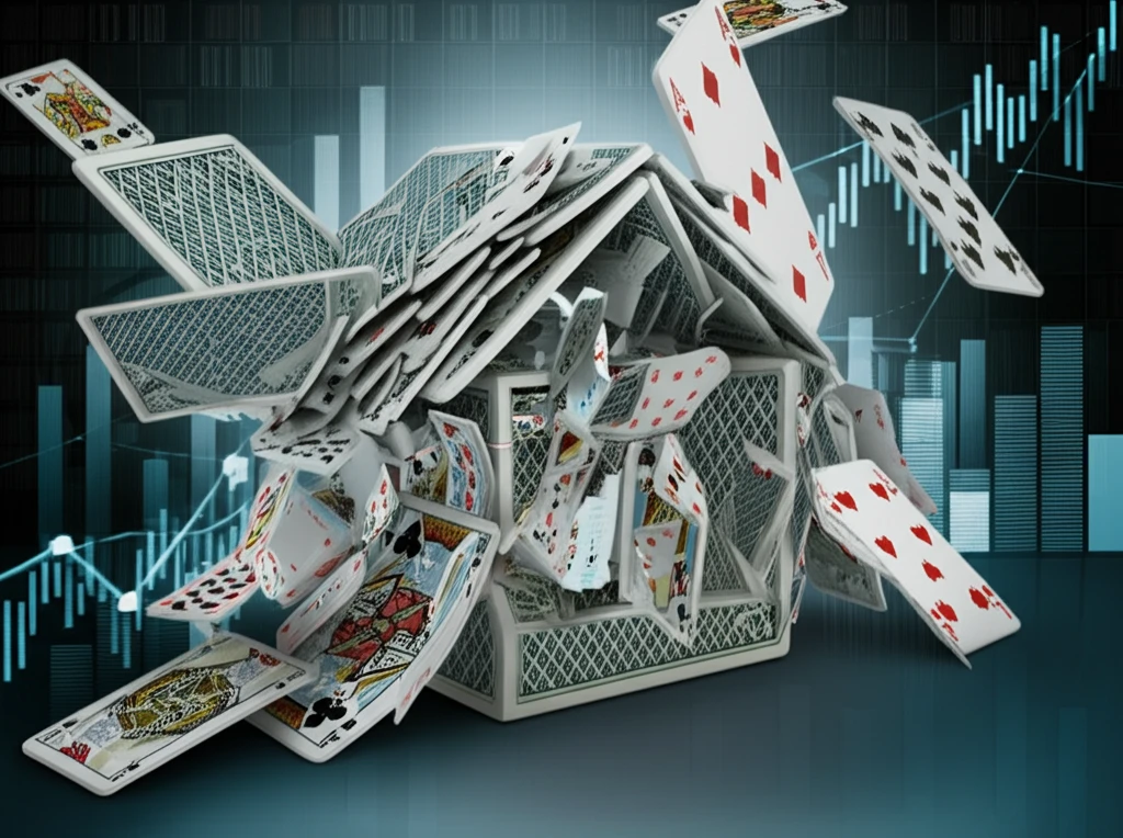 Collapsing house of cards representing the 2008 Credit Crunch