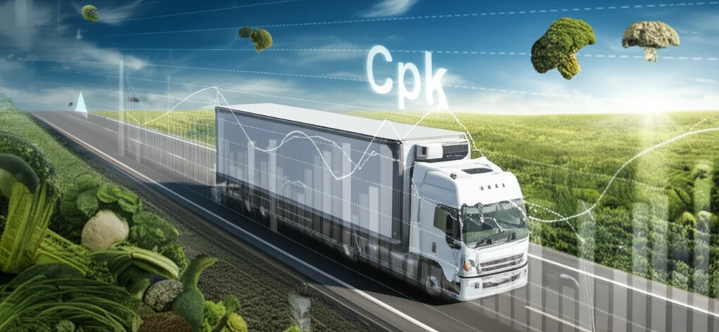 Refrigerated truck driving through a landscape of fresh produce, overlaid with a statistical graph representing Cpk values