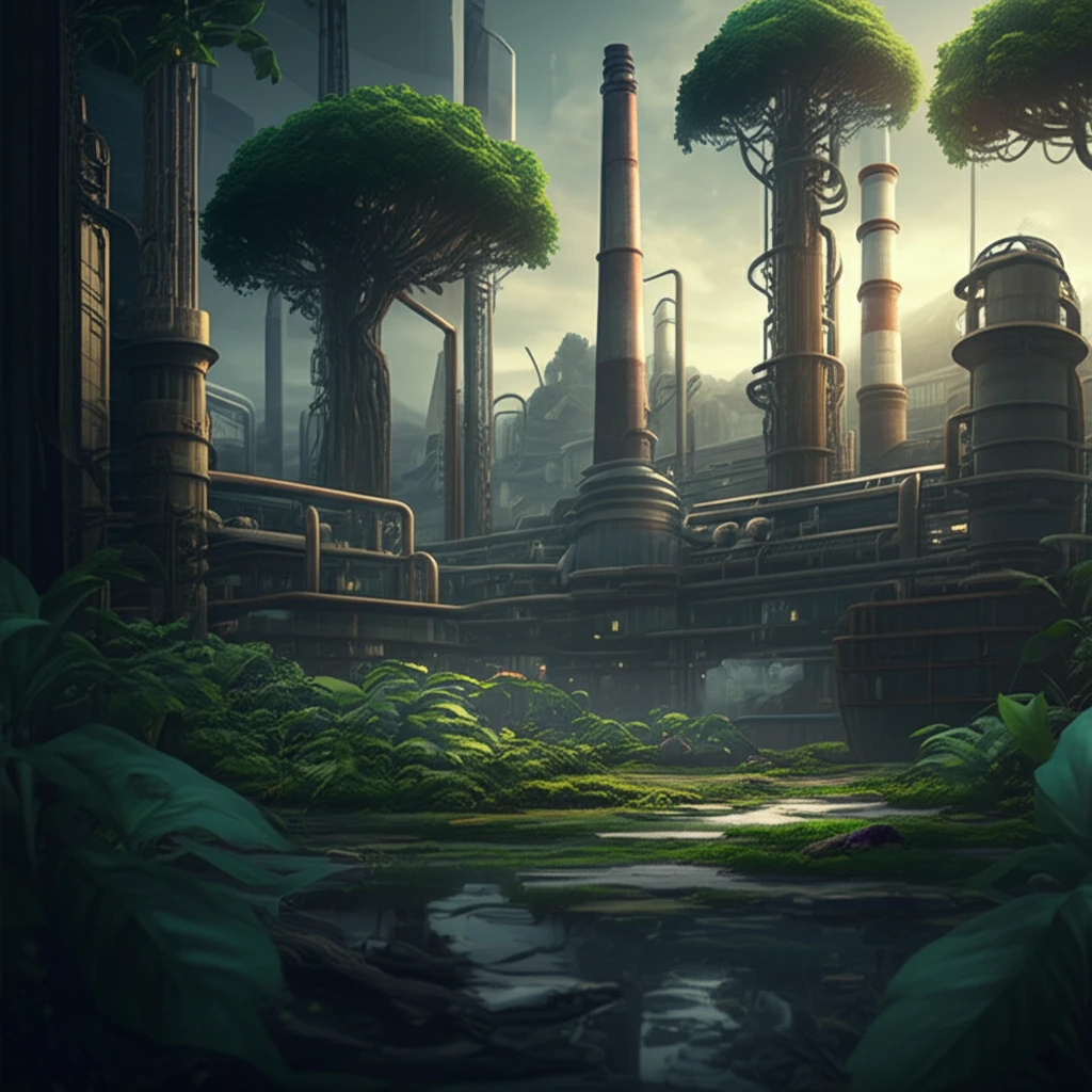 Sustainable manufacturing landscape with interconnected factories and greenery