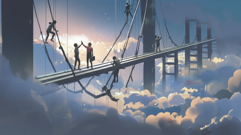 Engineers collaboratively constructing a bridge in the sky, symbolizing peer review and support.