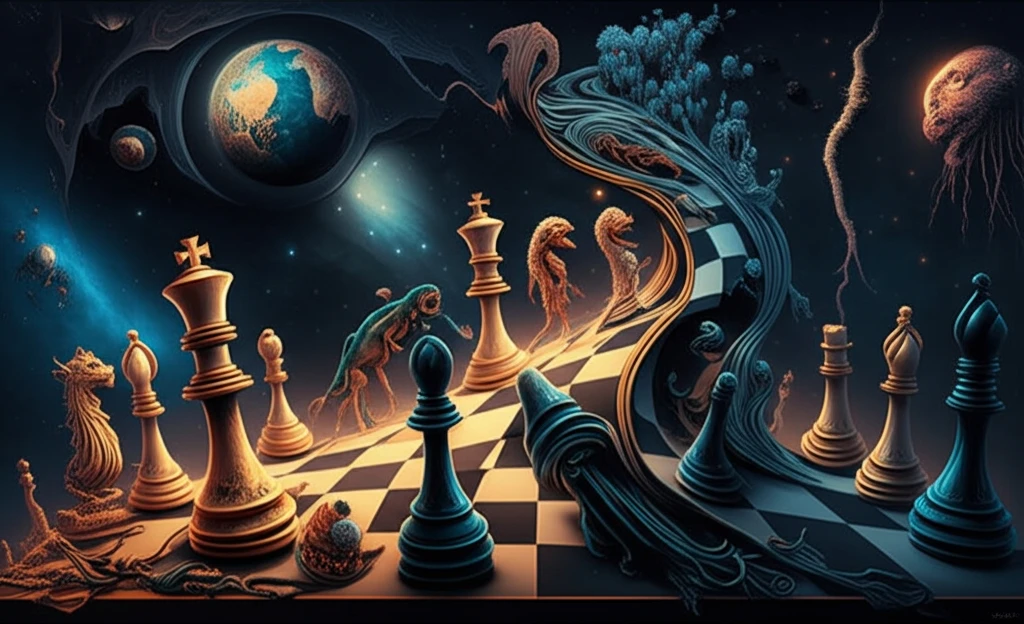 A surreal chessboard illustrating spatial dynamics in evolutionary game theory.