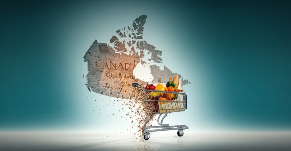 A Canadian penny slowly disappearing into a shopping cart full of groceries.