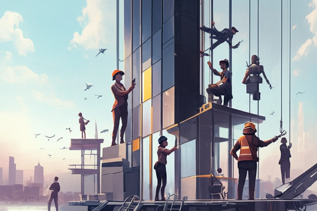 Diverse group of workers collaboratively building a skyscraper, symbolizing start-up opportunities.