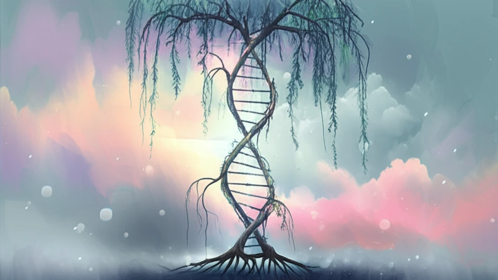 DNA strand intertwined with a weeping willow tree, symbolizing recurrent pregnancy loss
