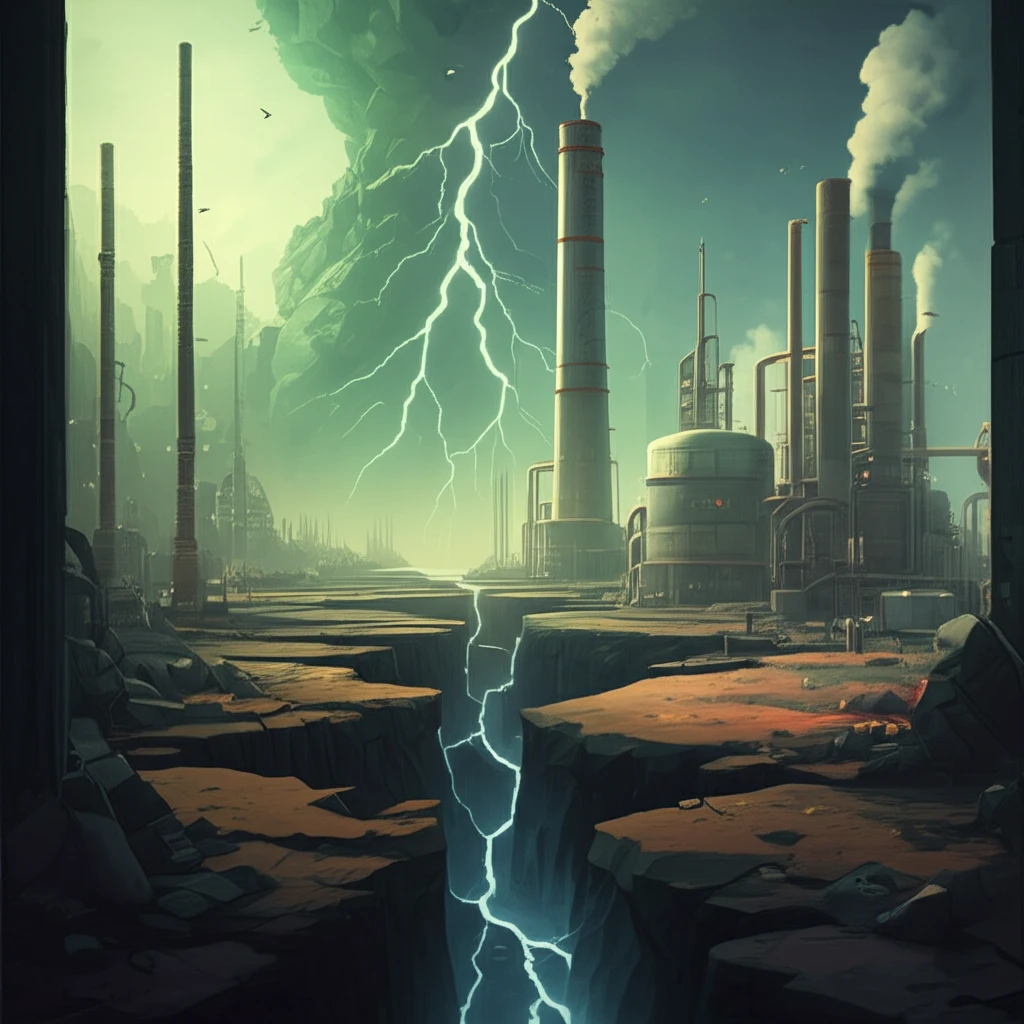 Stylized geothermal plant intersecting a fault line.