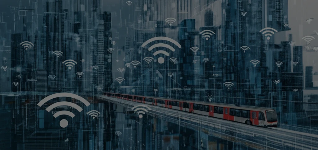 Futuristic cityscape with RFID tags representing smart public transportation.