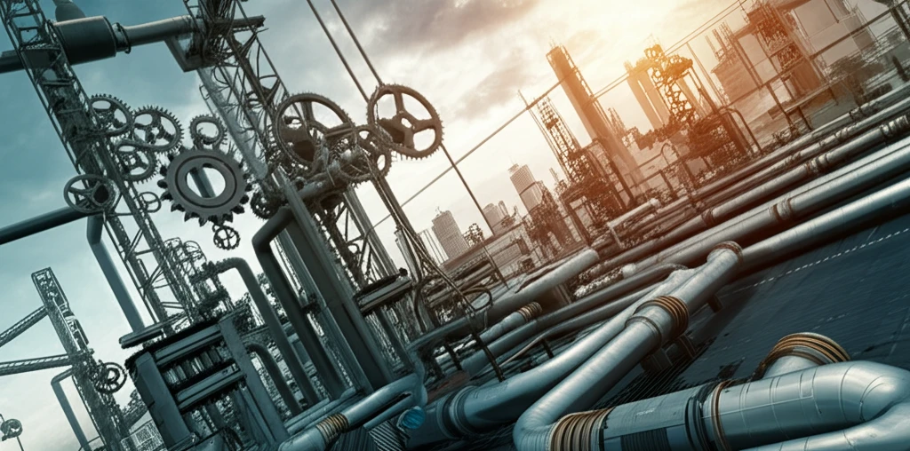 Global pump industry network symbolized by interconnected gears and pipelines.