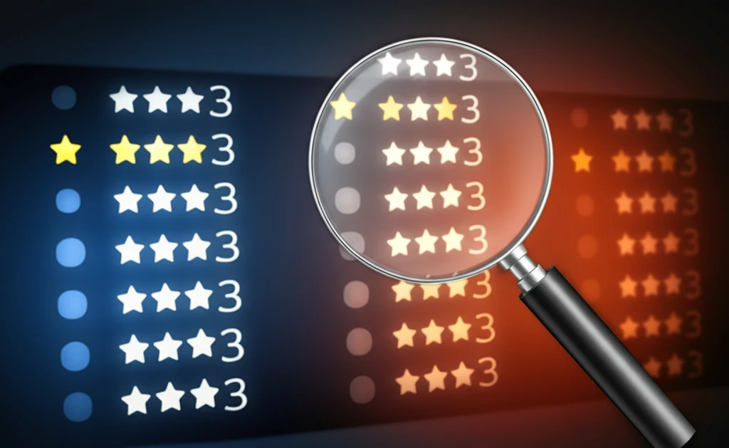 Magnifying glass examining online reviews, highlighting the challenge of identifying fake reviews.
