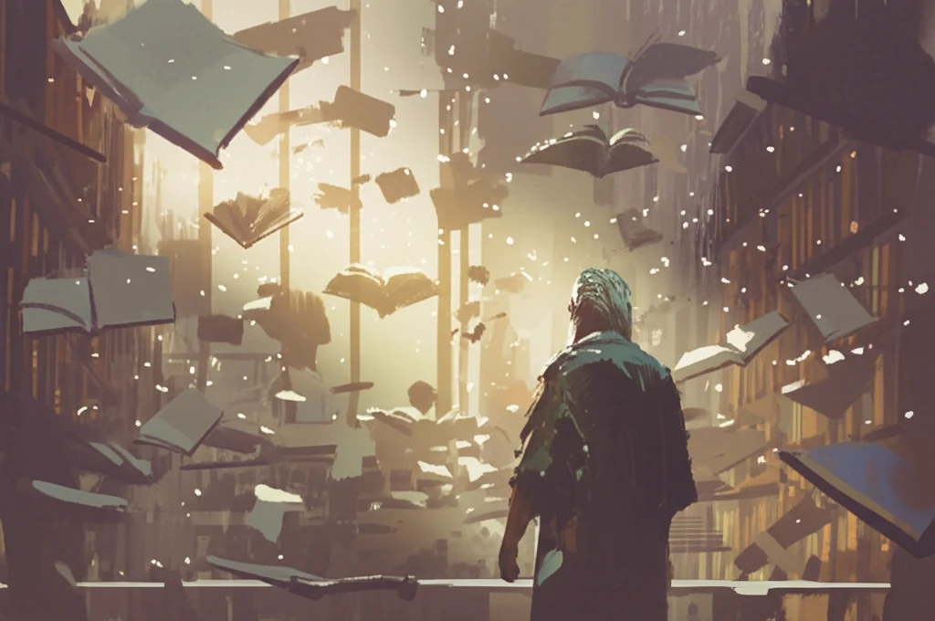 Illustration of a wise mentor surrounded by floating books, symbolizing ethical leadership and knowledge.
