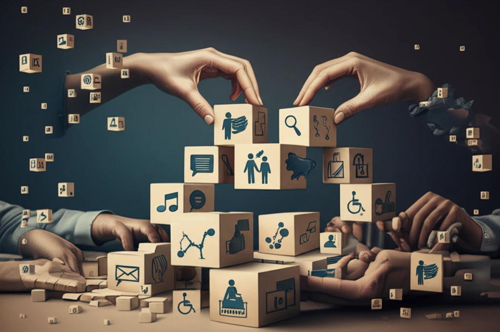 Collaborative inclusive design: Diverse hands construct a building from interconnected blocks, symbolizing communication and accessibility.