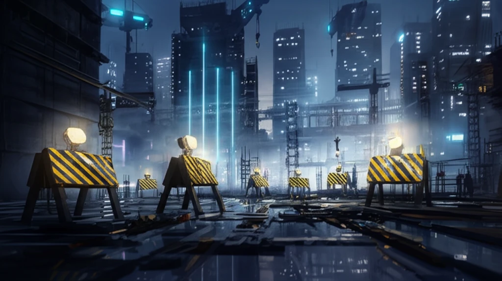 Surreal illustration of a construction site with glowing obstacles, symbolizing the challenges in modern construction projects.