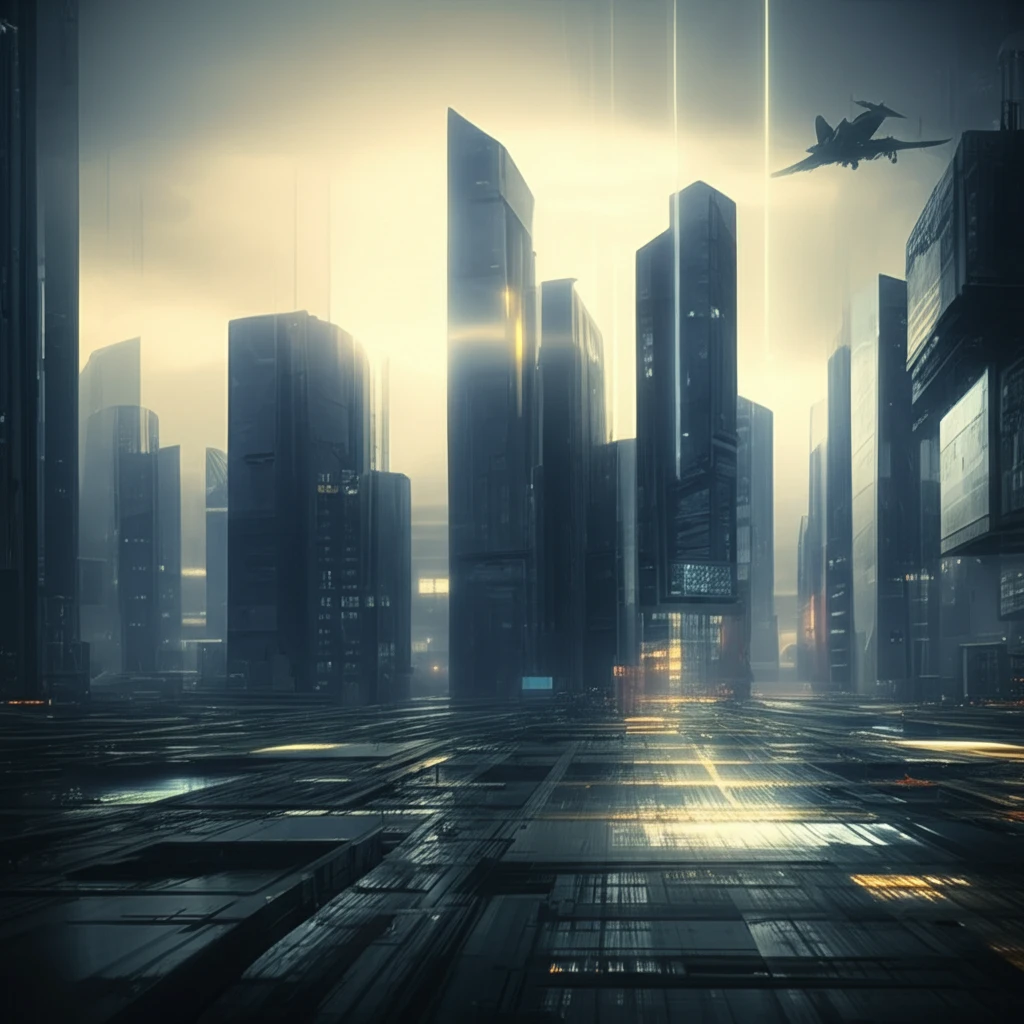 Futuristic cityscape with glowing smart concrete buildings.