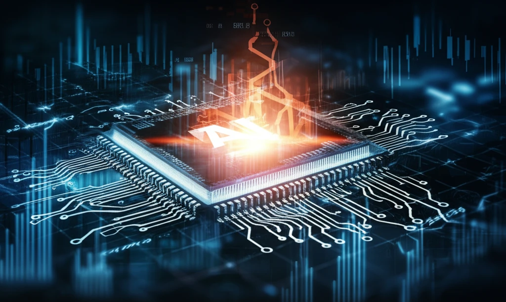 AI analyzing stock market data with circuit board overlay