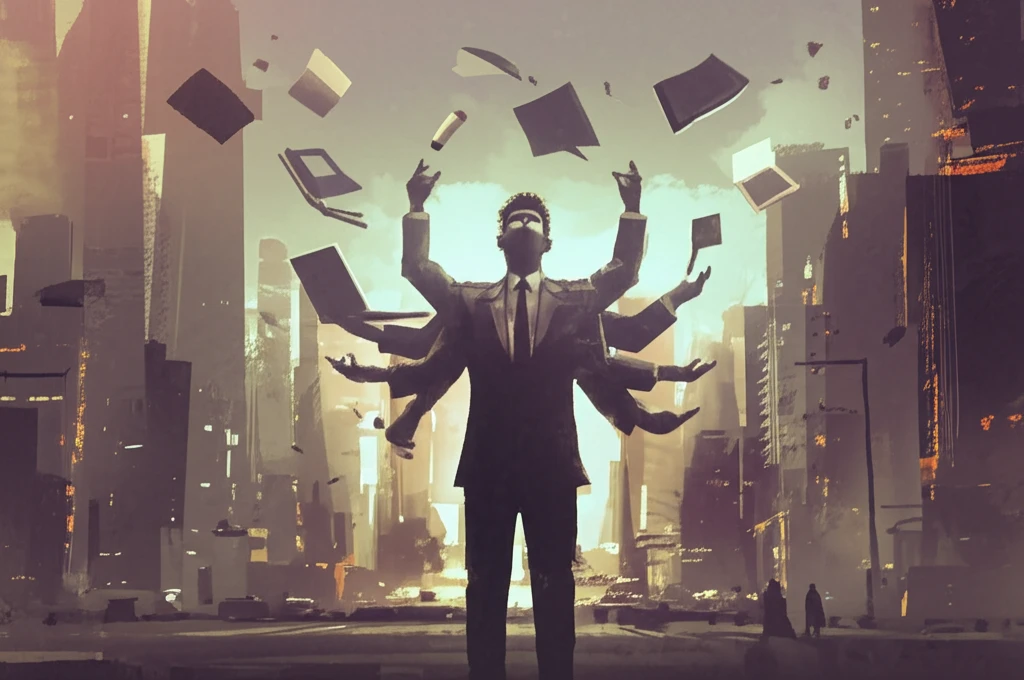 A surreal illustration depicting the challenges and rewards of navigating the polyactive workforce.
