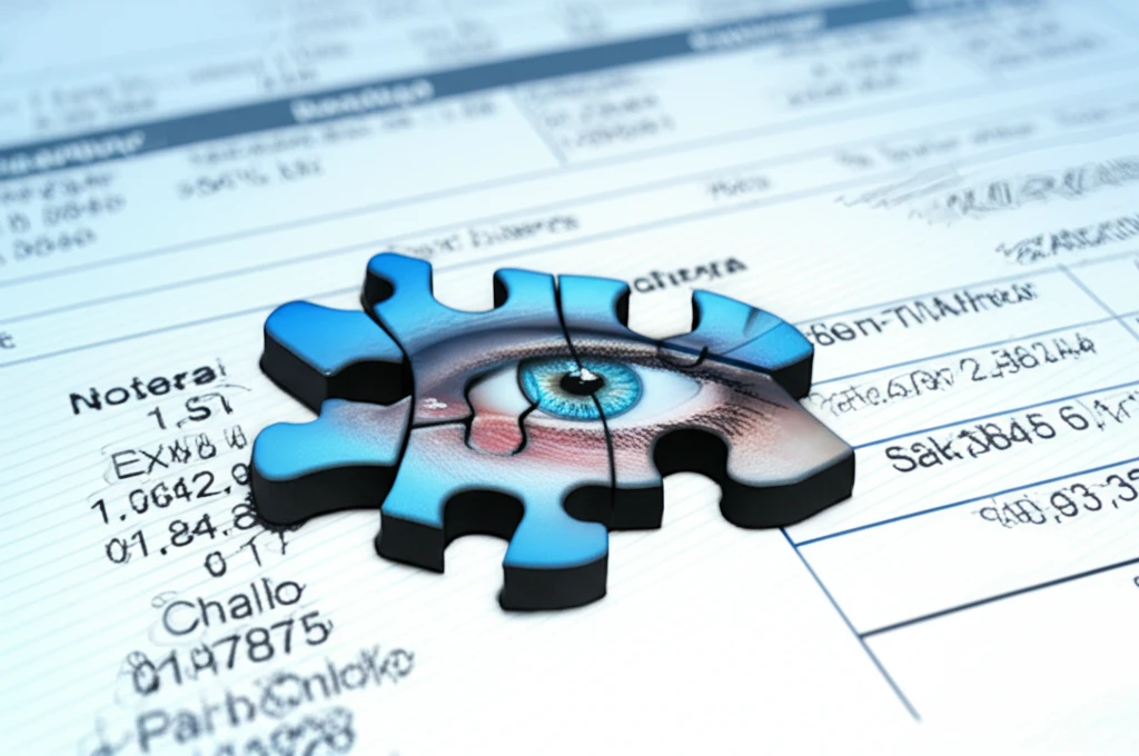 Surreal illustration of a financial statement with mismatched puzzle pieces, symbolizing inconsistencies being closely examined by an auditor.