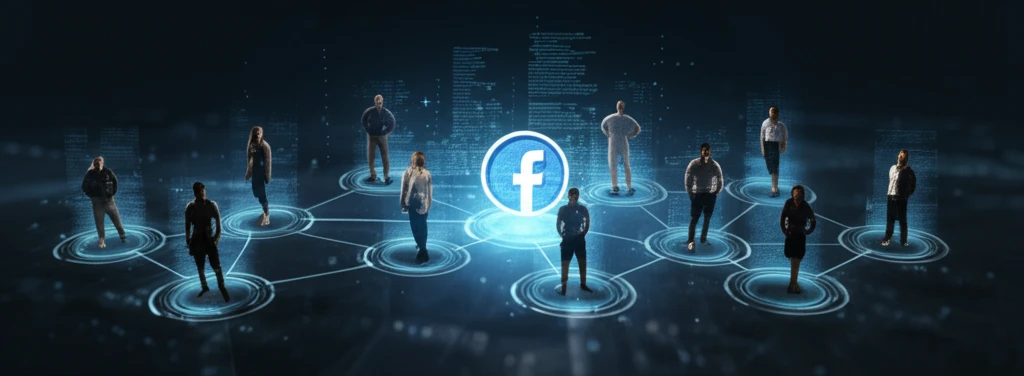 Diverse group connects via glowing Facebook nodes to a central brand logo.