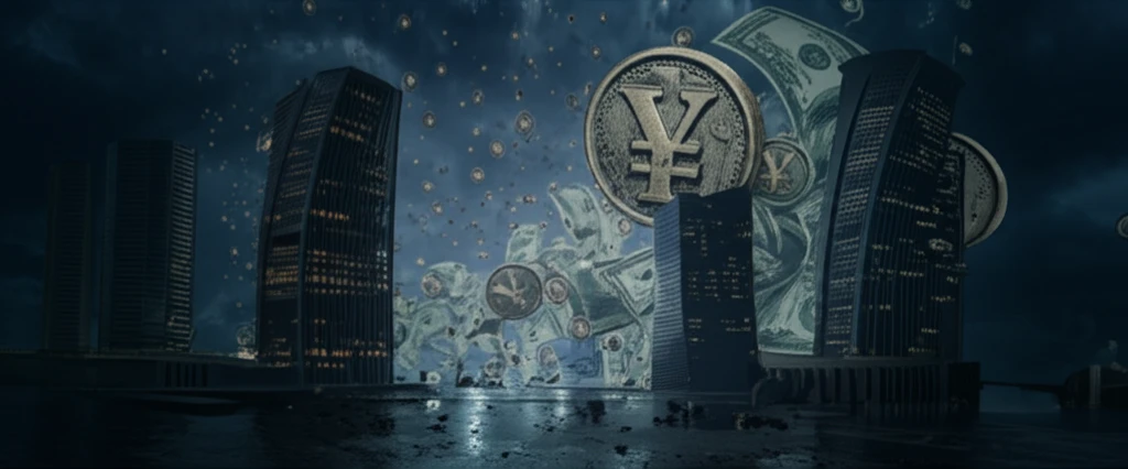 Ancient currency morphing into modern skyscrapers, symbolizing financial evolution.