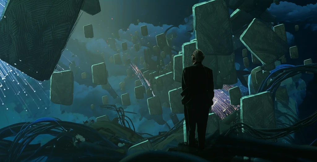 Harold Innis overlooking a blend of ancient tablets and modern fiber optic cables.