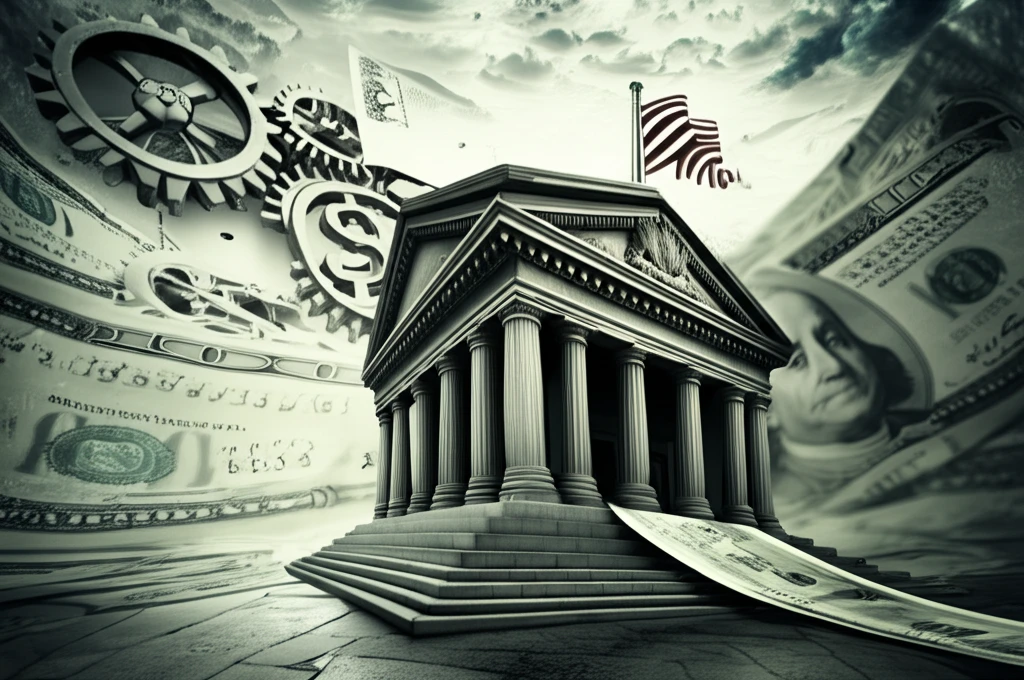 Central bank controlling the flow of money with gears and levers, symbolizing monetary policy.