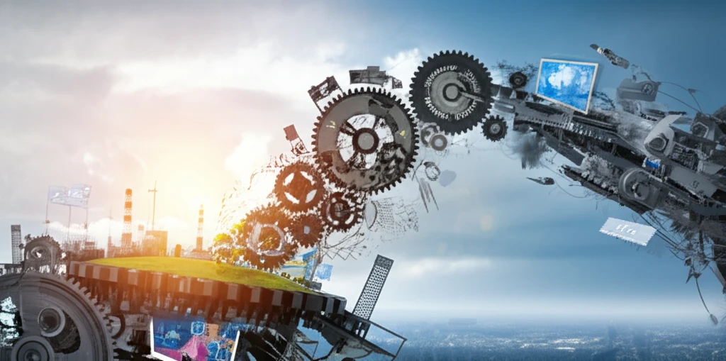 Economic gears transforming into digital and natural landscapes, representing structural change.