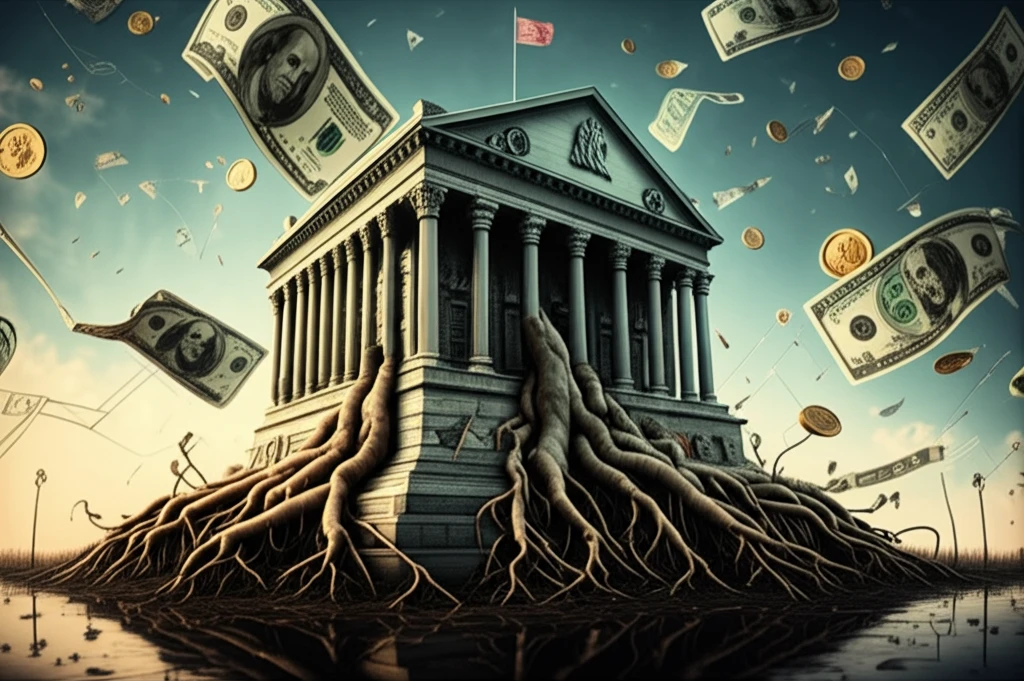 Central bank influencing stock market, monetary policy illustration.