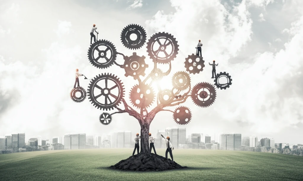 Interconnected gears forming a tree, symbolizing shared value in CSR.