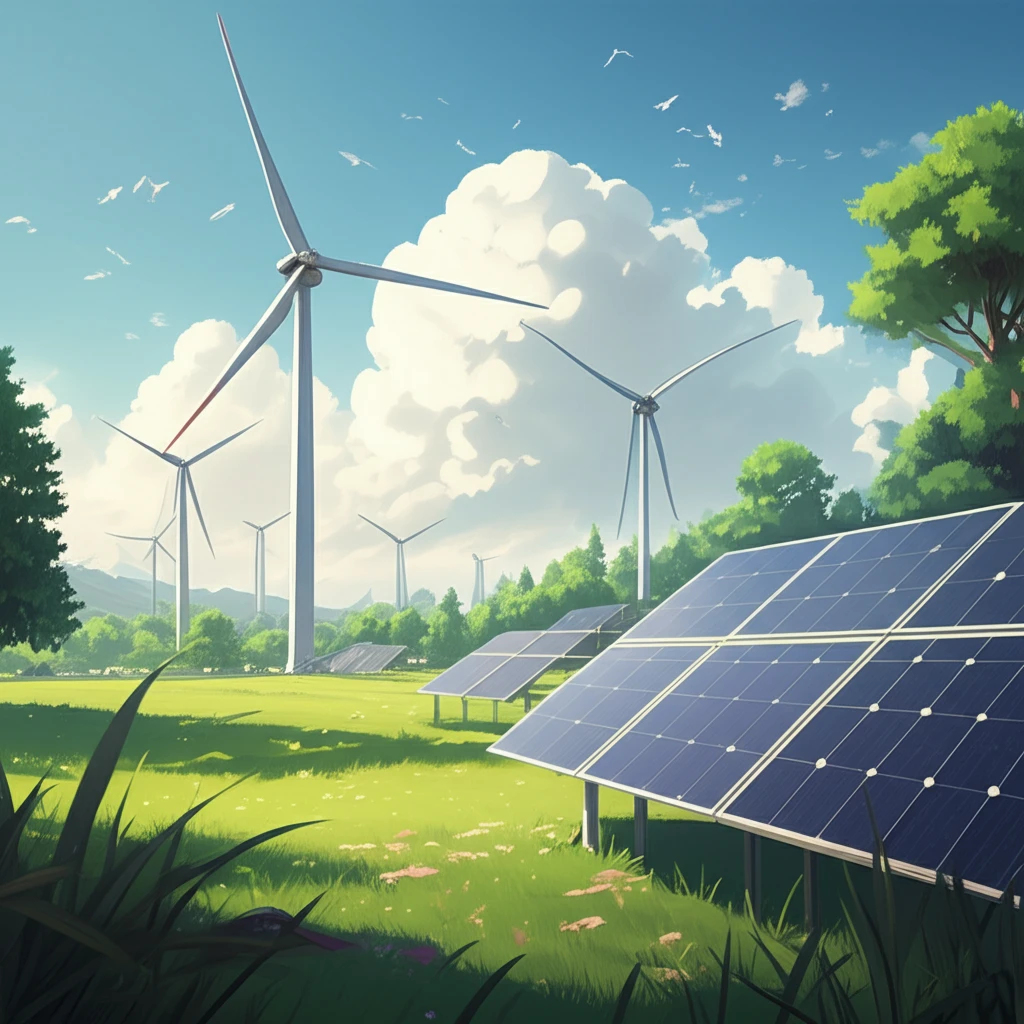 Sustainable energy landscape with wind turbines and solar panels.