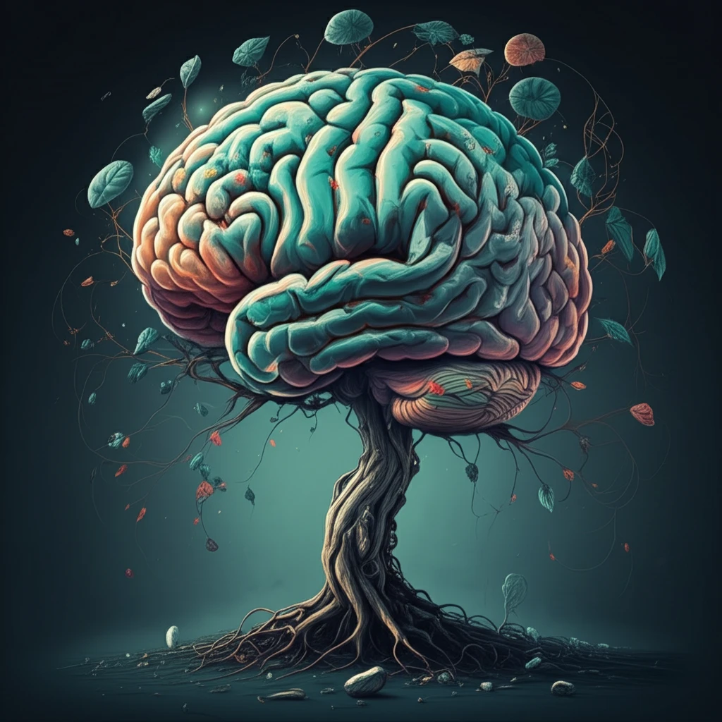 Brain intertwined with blooming tree, symbolizing cognitive growth and motivation.