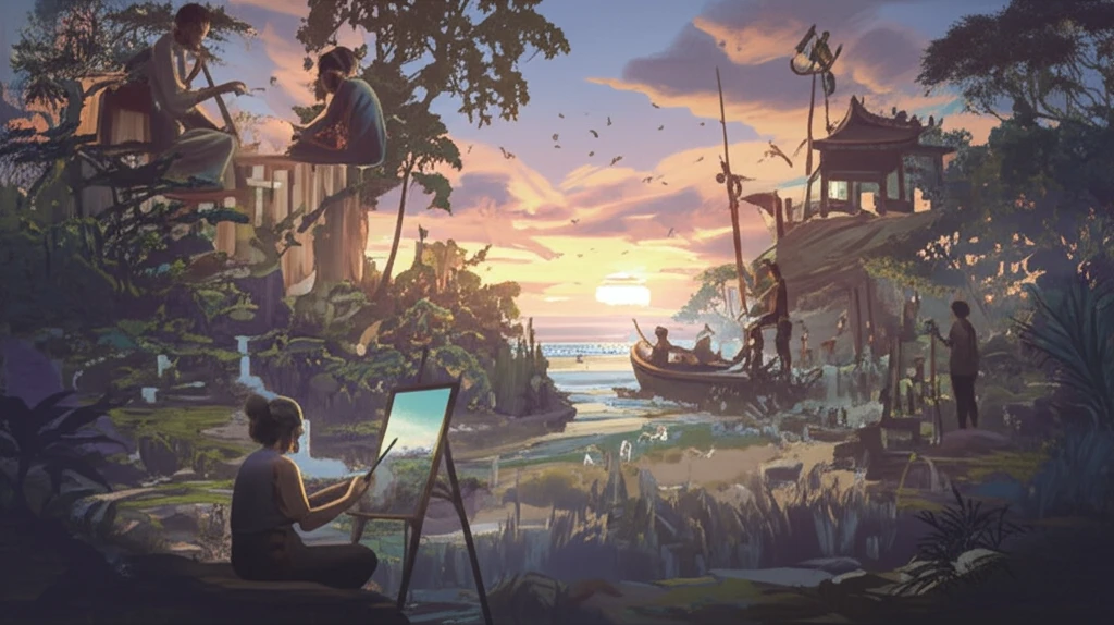 Diverse group collaboratively paints a landscape representing blended values.