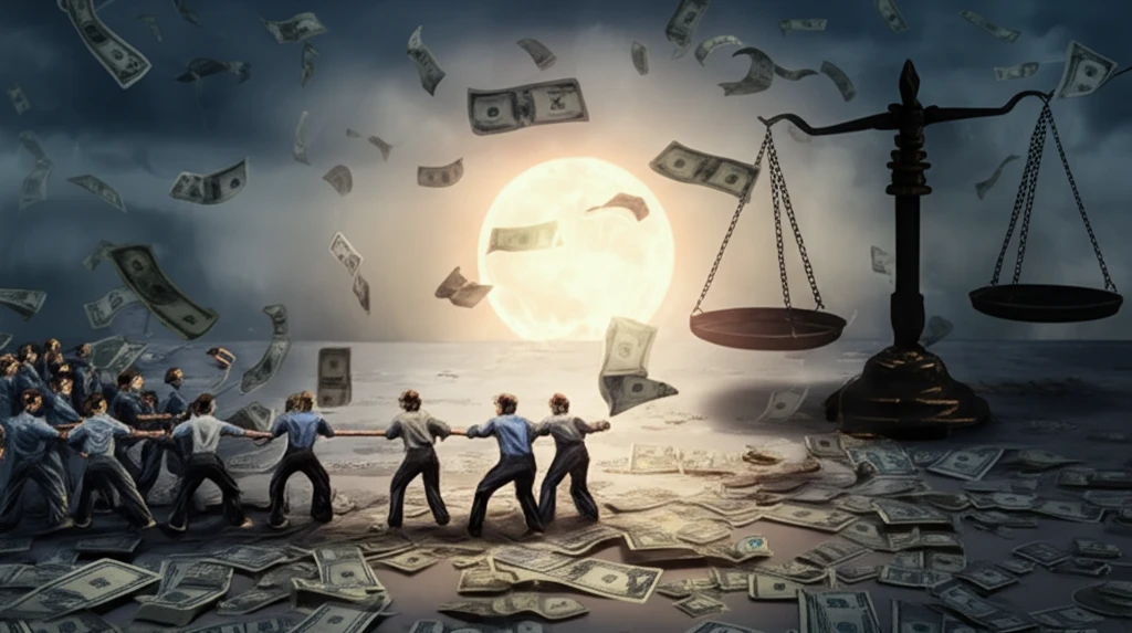 Digital art depicting a tug-of-war, symbolizing the fight for economic balance.