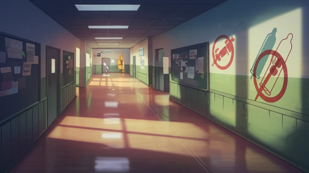 Surreal illustration of school hallway with symbolic shadows.