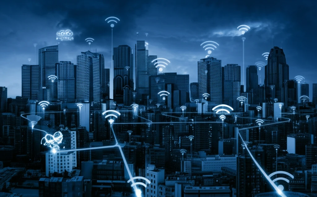 Futuristic city skyline with interconnected bike paths