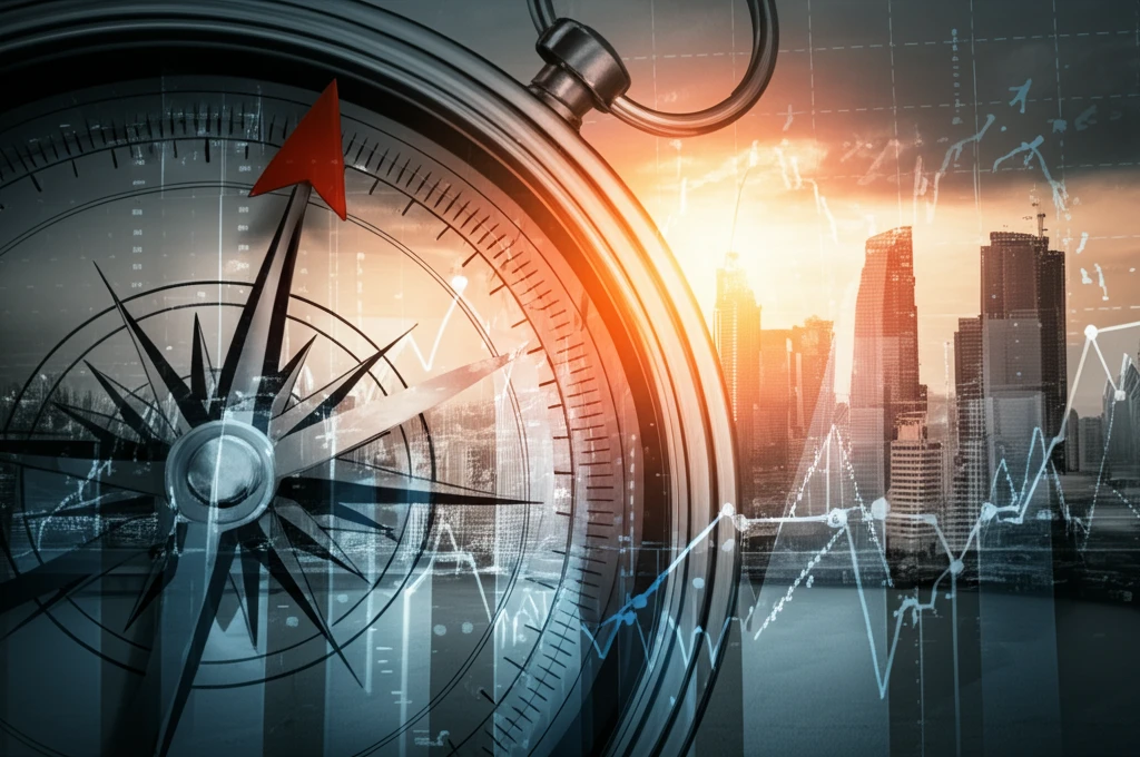 Financial compass points towards a cityscape of financial charts