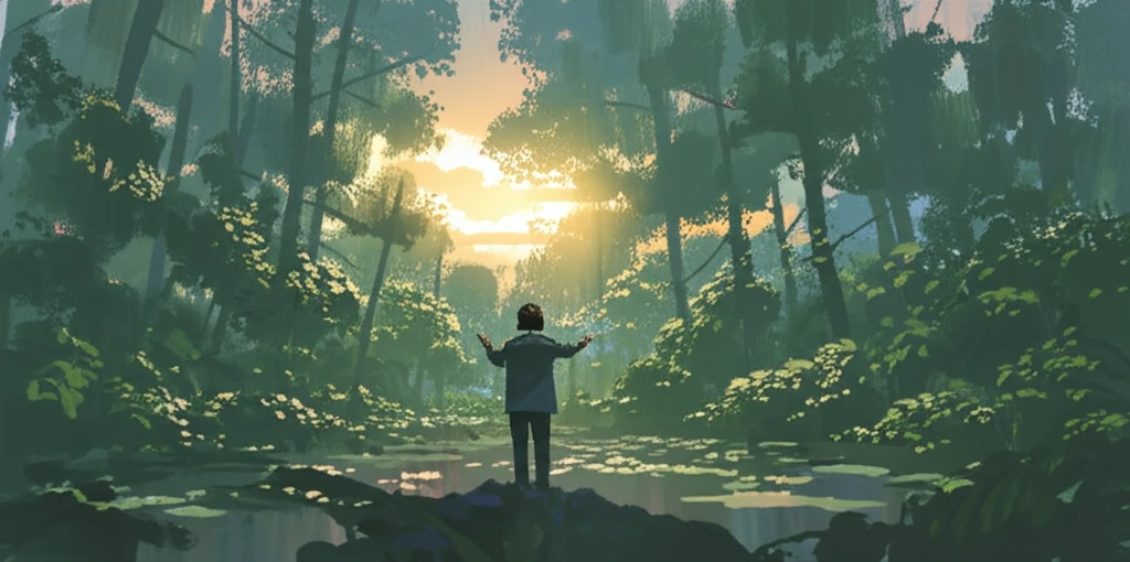 A surreal illustration depicting a lecturer guiding students through a forest of knowledge, symbolizing the transition from traditional teaching to facilitation.