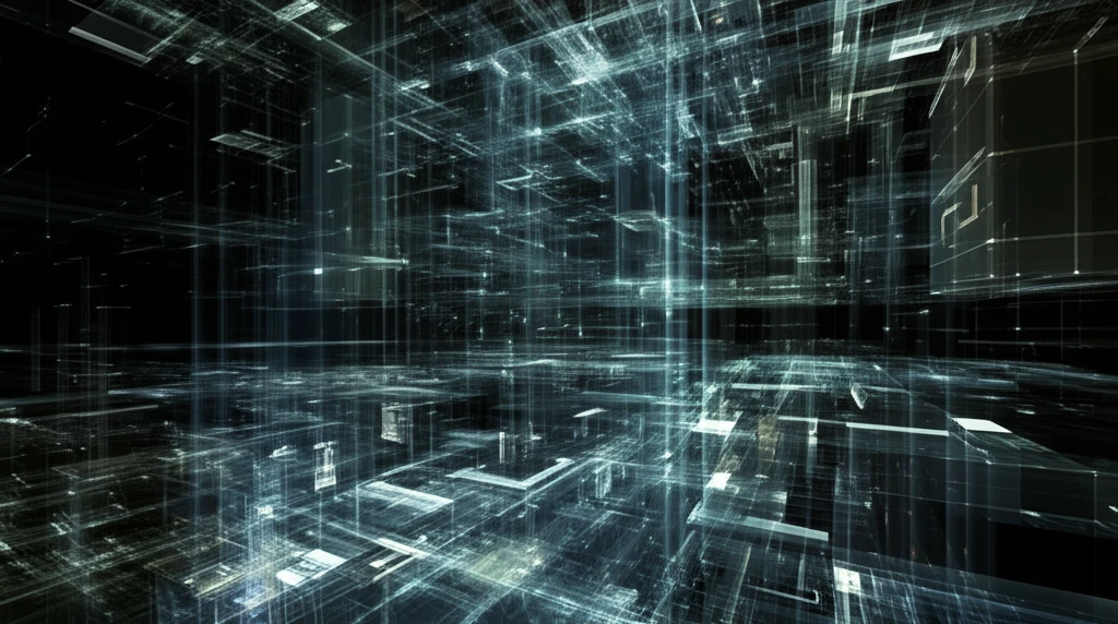 Dark knowledge being extracted from a complex data landscape, revealing hidden patterns.
