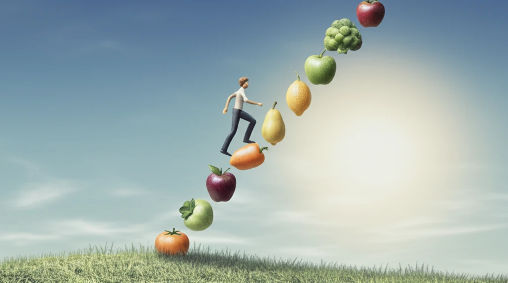 Person climbing a staircase of fruits and vegetables, representing lifestyle changes for better health.