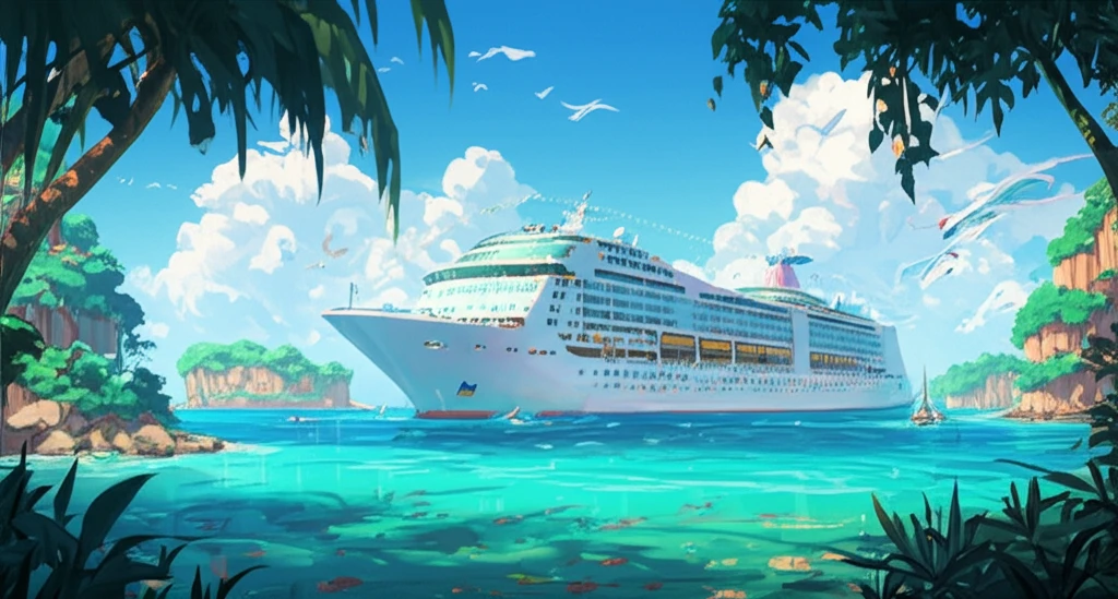 Cruise ship sailing towards tropical islands, passengers enjoying activities.